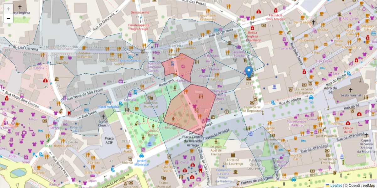 Mapa detalhado do código postal 9000-050 com limites, códigos postais vizinhos e agências dos correios