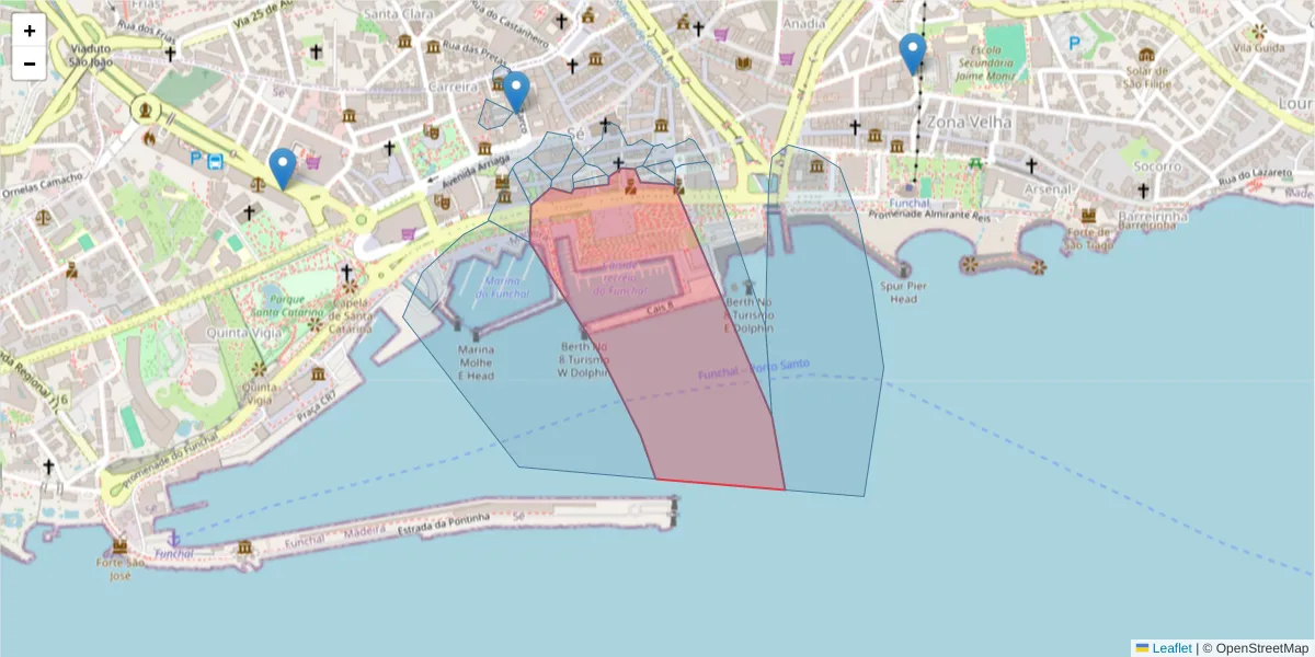 Mapa detalhado do código postal 9000-054 com limites, códigos postais vizinhos e agências dos correios