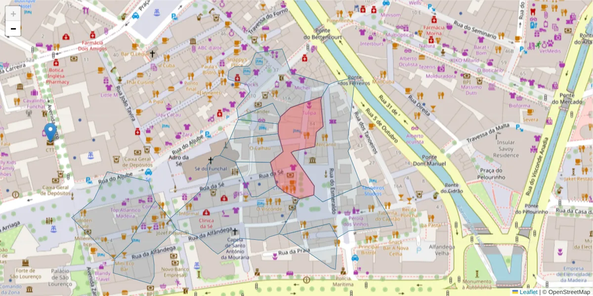 Mapa detalhado do código postal 9000-056 com limites, códigos postais vizinhos e agências dos correios