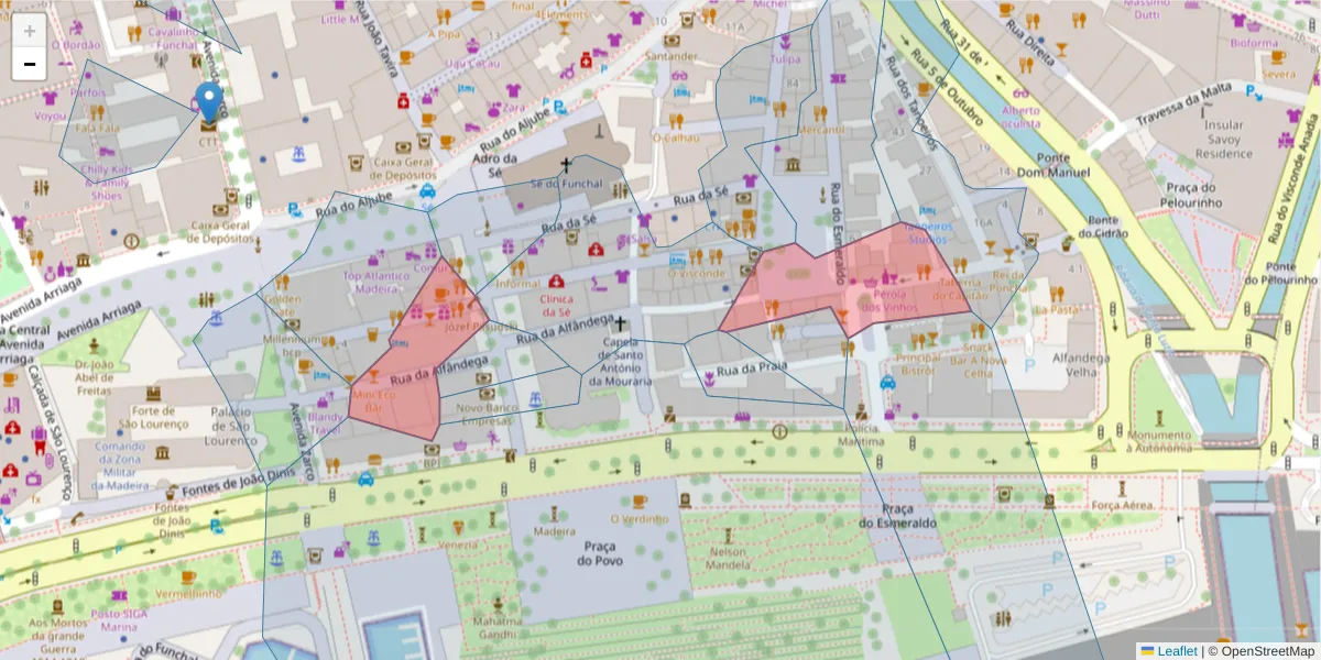 Mapa detalhado do código postal 9000-059 com limites, códigos postais vizinhos e agências dos correios