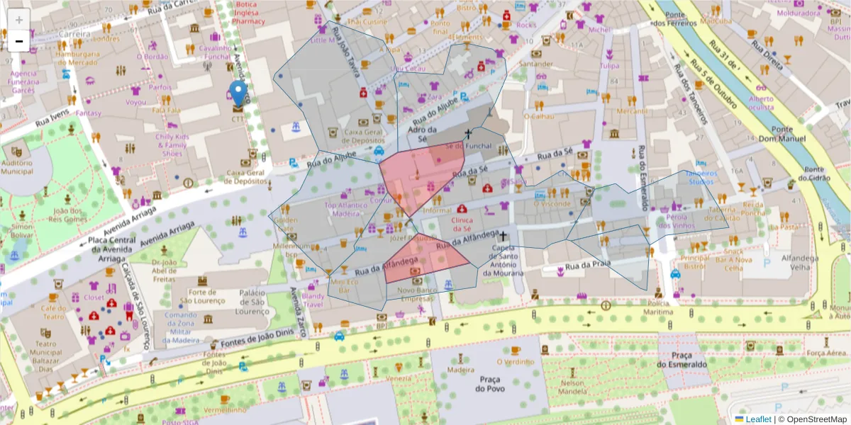 Mapa detalhado do código postal 9000-062 com limites, códigos postais vizinhos e agências dos correios