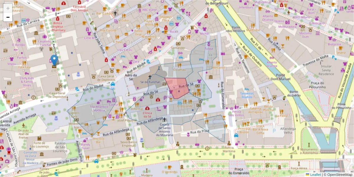 Mapa detalhado do código postal 9000-066 com limites, códigos postais vizinhos e agências dos correios
