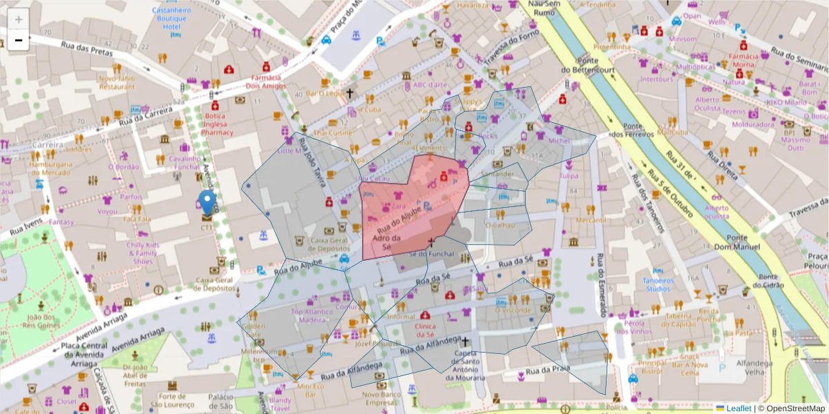 Mapa detalhado do código postal 9000-067 com limites, códigos postais vizinhos e agências dos correios