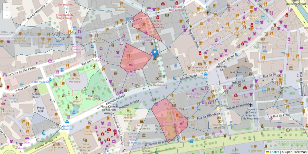 Mapa detalhado do código postal 9000-069 com limites, códigos postais vizinhos e agências dos correios