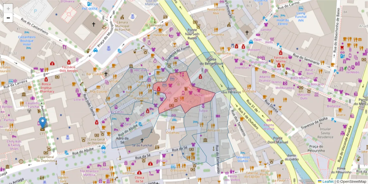 Mapa detalhado do código postal 9000-070 com limites, códigos postais vizinhos e agências dos correios