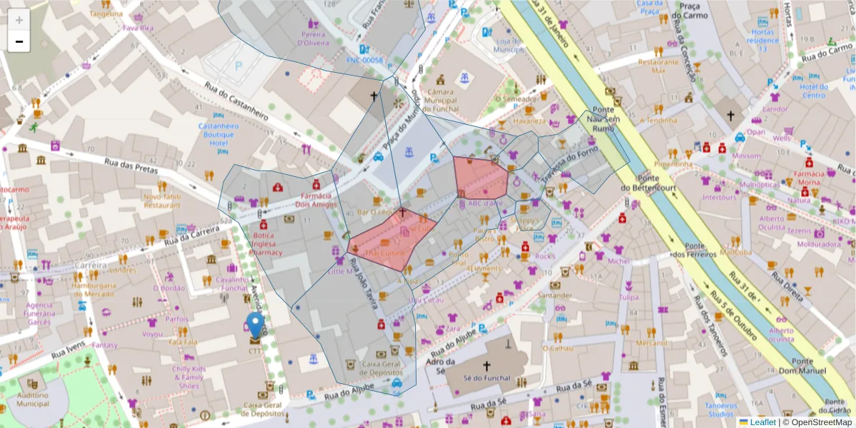 Mapa detalhado do código postal 9000-073 com limites, códigos postais vizinhos e agências dos correios