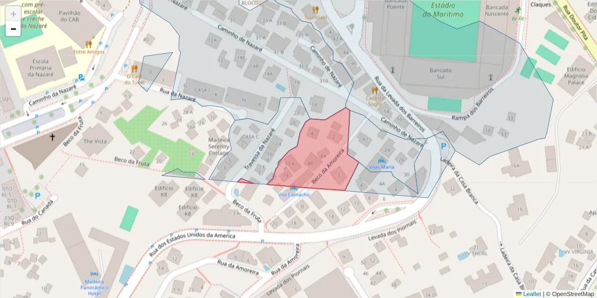 Mapa detalhado do código postal 9000-086 com limites, códigos postais vizinhos e agências dos correios