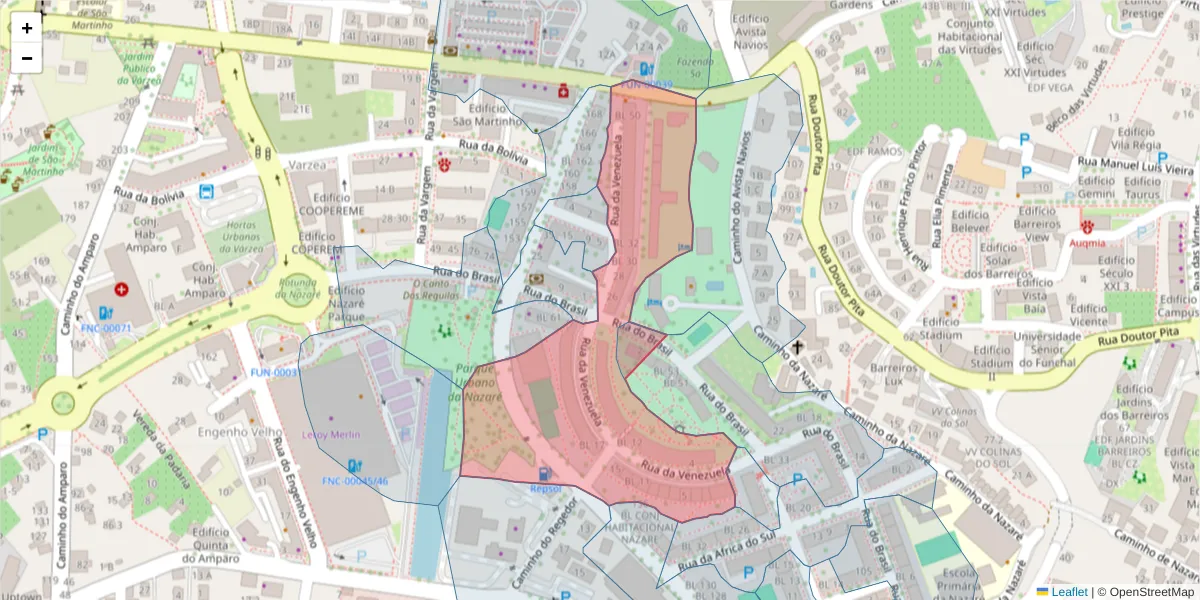 Mapa detalhado do código postal 9000-127 com limites, códigos postais vizinhos e agências dos correios
