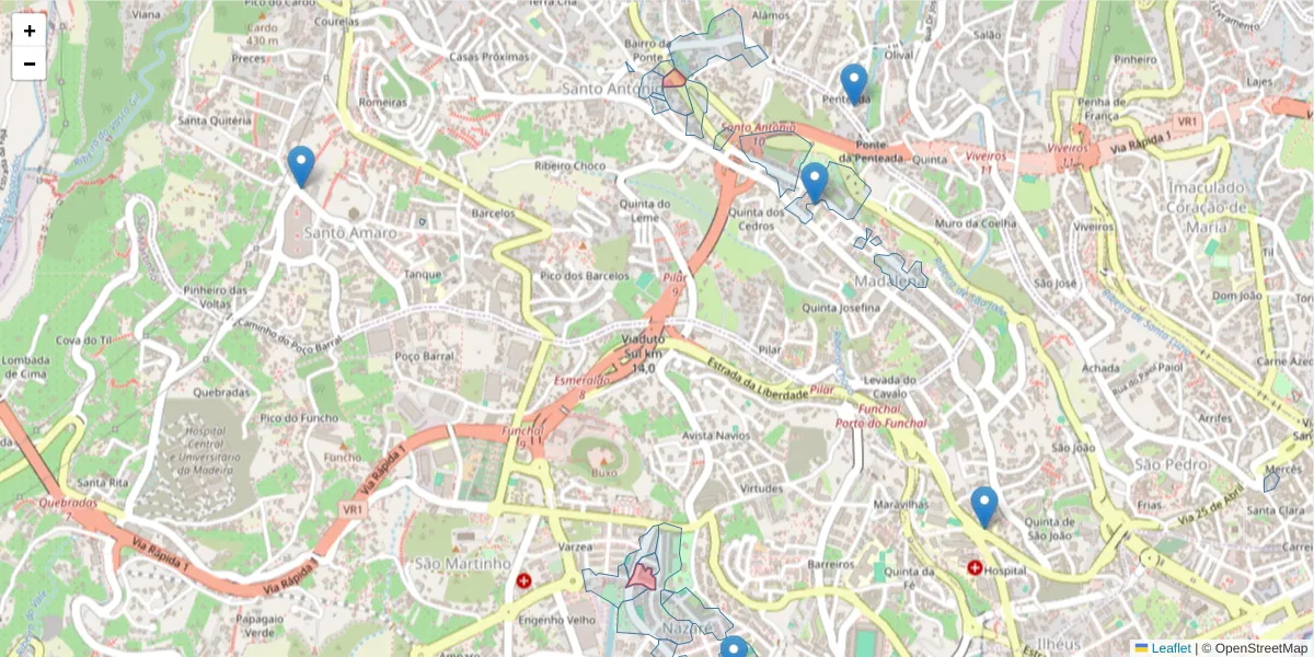 Mapa detalhado do código postal 9000-131 com limites, códigos postais vizinhos e agências dos correios