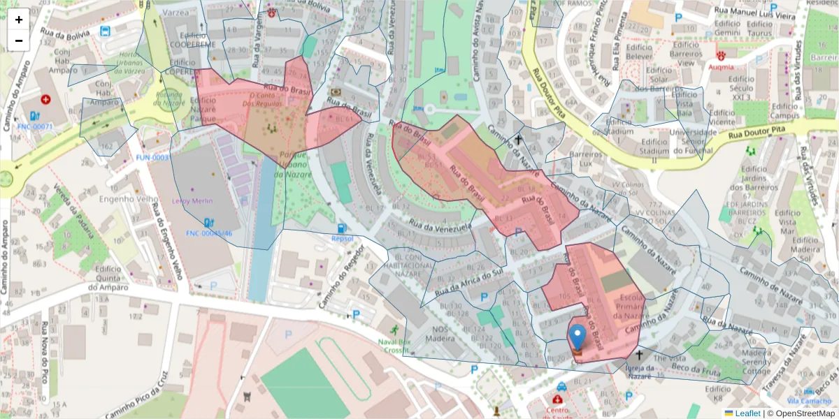 Mapa detalhado do código postal 9000-134 com limites, códigos postais vizinhos e agências dos correios