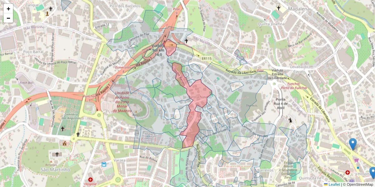 Mapa detalhado do código postal 9000-144 com limites, códigos postais vizinhos e agências dos correios