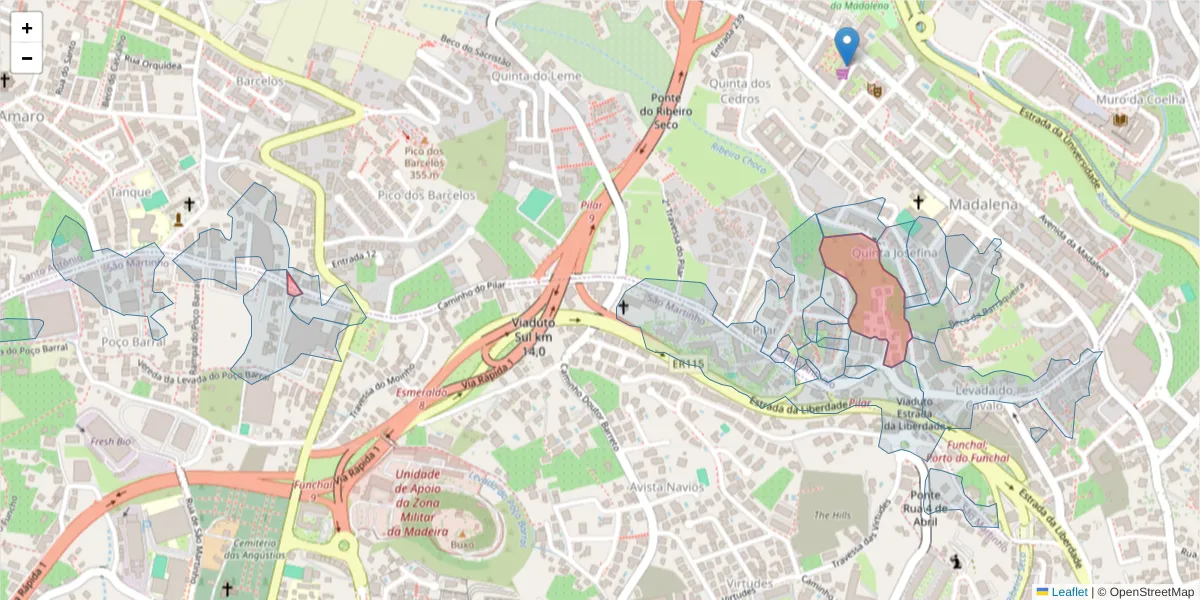 Mapa detalhado do código postal 9000-151 com limites, códigos postais vizinhos e agências dos correios
