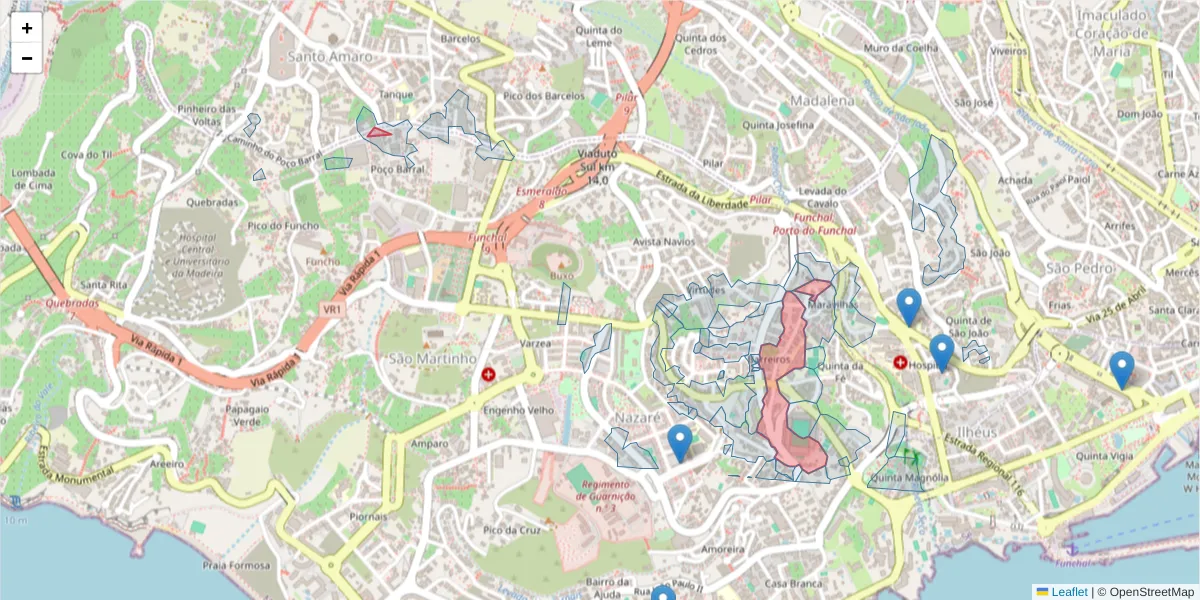 Mapa detalhado do código postal 9000-161 com limites, códigos postais vizinhos e agências dos correios