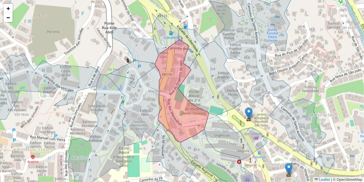 Mapa detalhado do código postal 9000-162 com limites, códigos postais vizinhos e agências dos correios