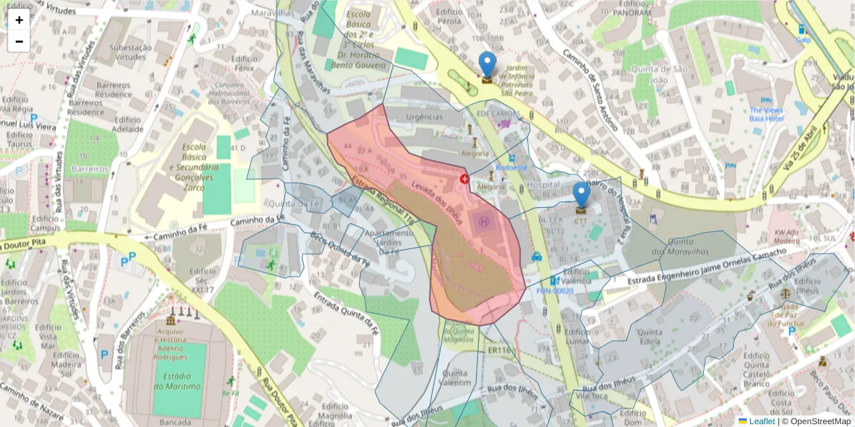 Mapa detalhado do código postal 9000-167 com limites, códigos postais vizinhos e agências dos correios