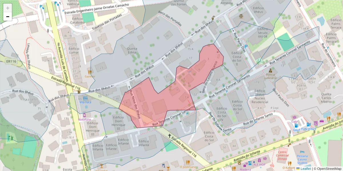 Mapa detalhado do código postal 9000-169 com limites, códigos postais vizinhos e agências dos correios