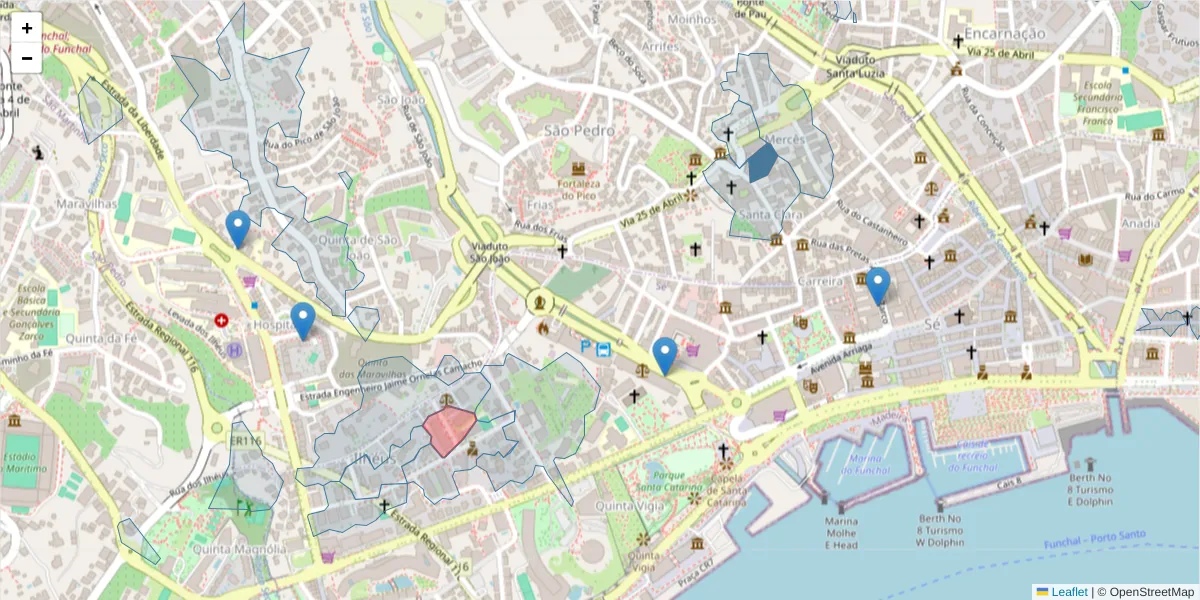 Mapa detalhado do código postal 9000-170 com limites, códigos postais vizinhos e agências dos correios