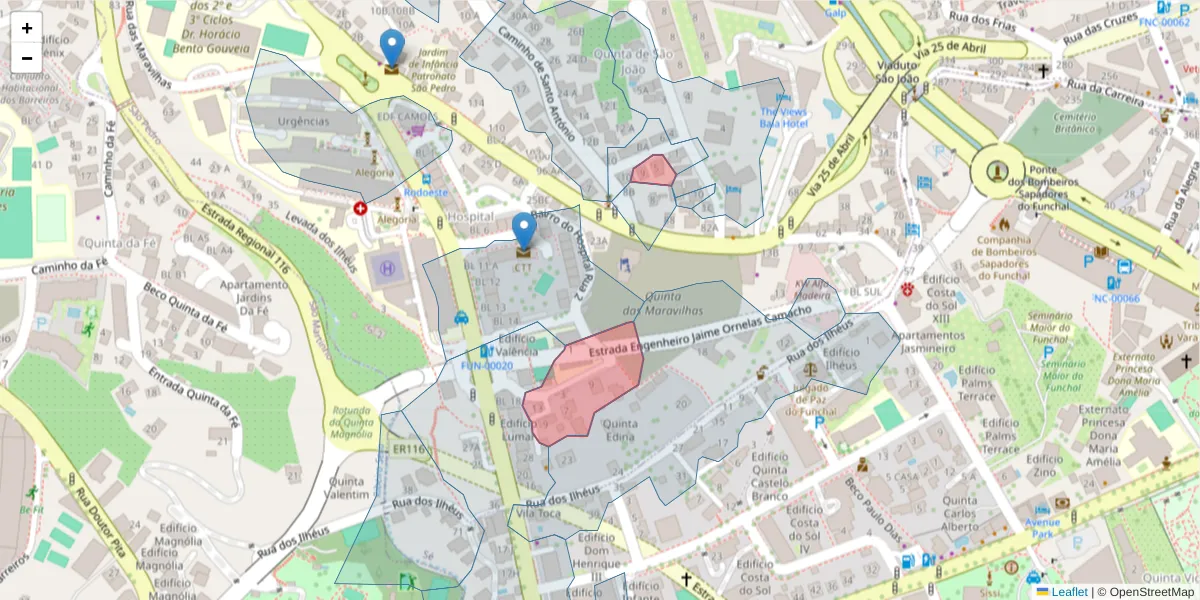 Mapa detalhado do código postal 9000-172 com limites, códigos postais vizinhos e agências dos correios