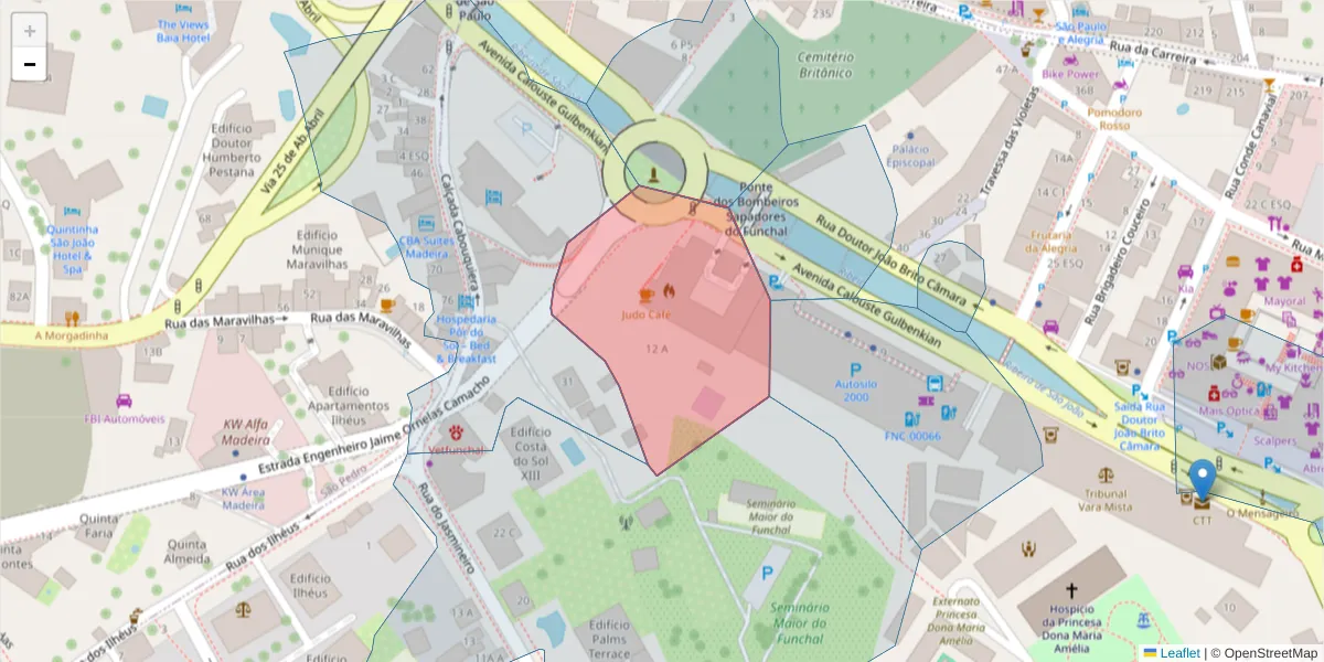 Mapa detalhado do código postal 9000-182 com limites, códigos postais vizinhos e agências dos correios