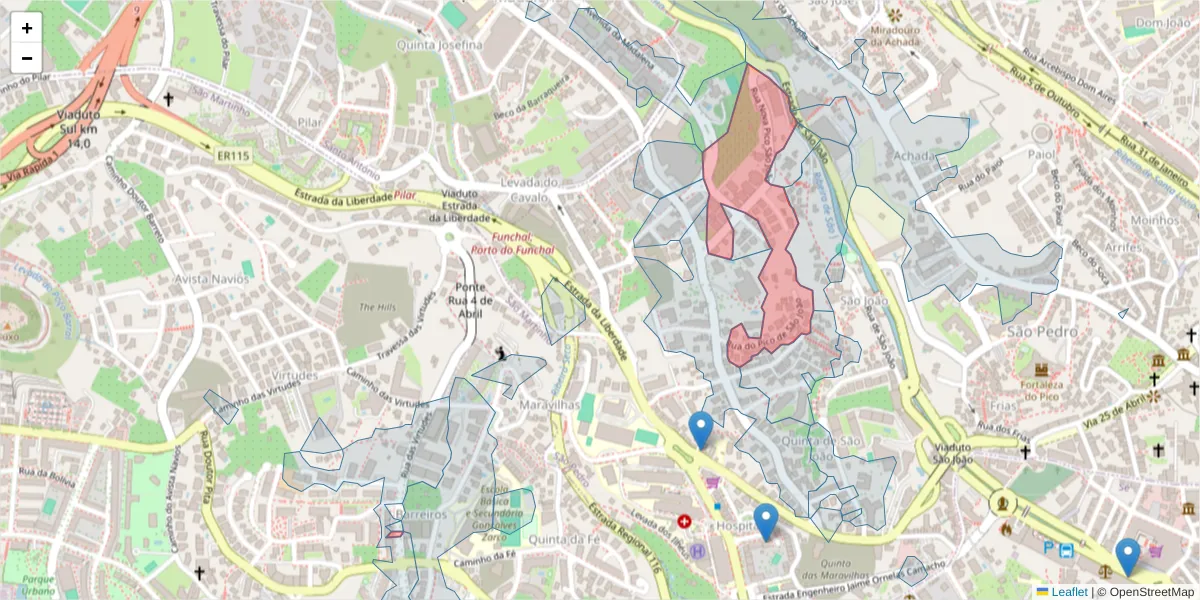 Mapa detalhado do código postal 9000-192 com limites, códigos postais vizinhos e agências dos correios