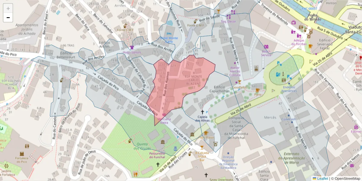 Mapa detalhado do código postal 9000-202 com limites, códigos postais vizinhos e agências dos correios