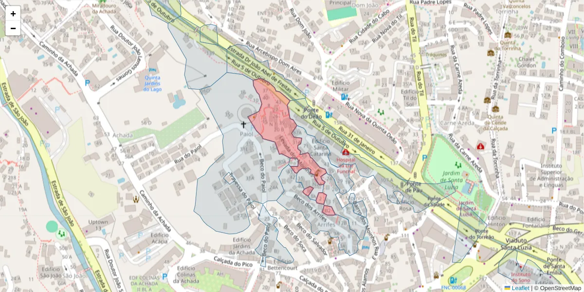 Mapa detalhado do código postal 9000-215 com limites, códigos postais vizinhos e agências dos correios