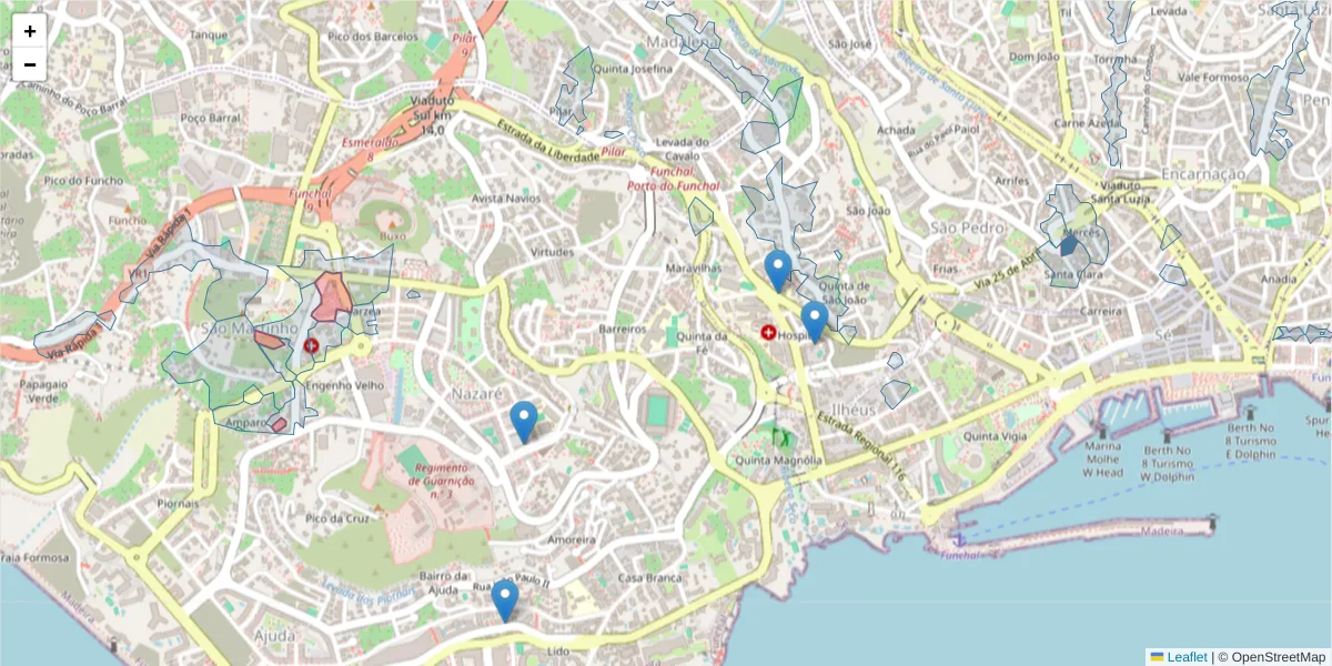 Mapa detalhado do código postal 9000-248 com limites, códigos postais vizinhos e agências dos correios