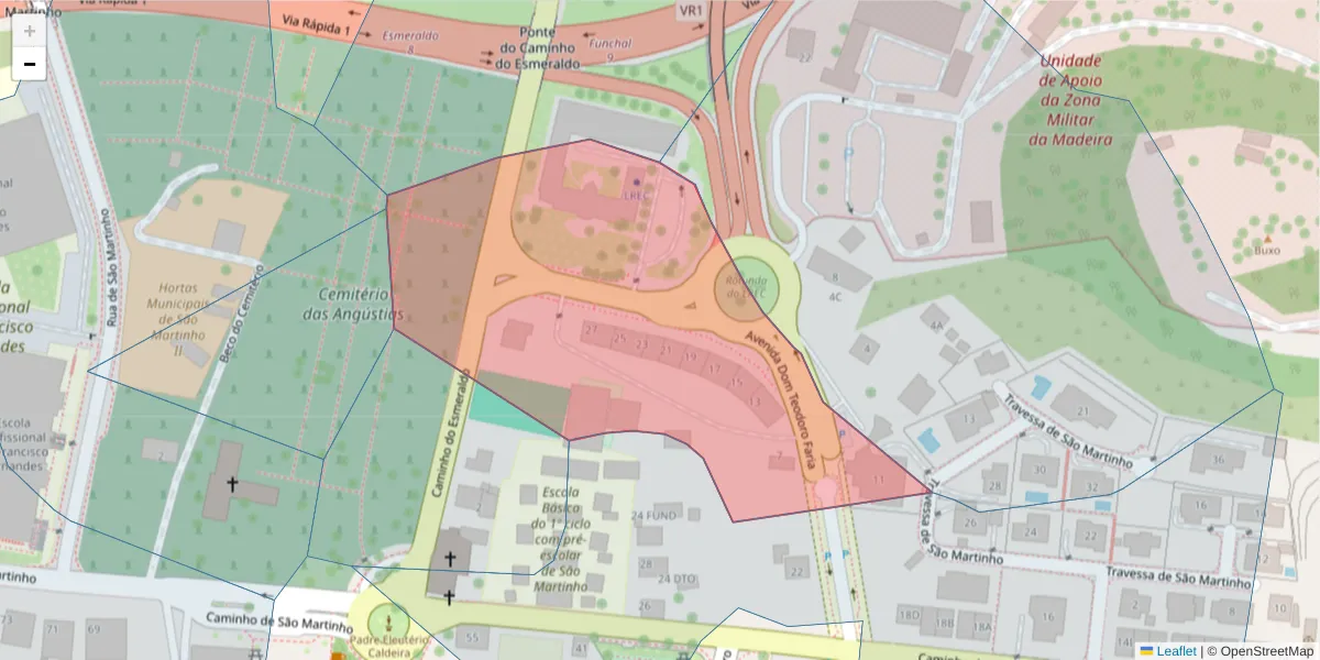 Mapa detalhado do código postal 9000-264 com limites, códigos postais vizinhos e agências dos correios