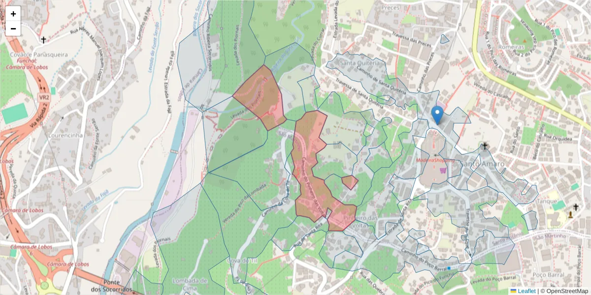 Mapa detalhado do código postal 9000-285 com limites, códigos postais vizinhos e agências dos correios