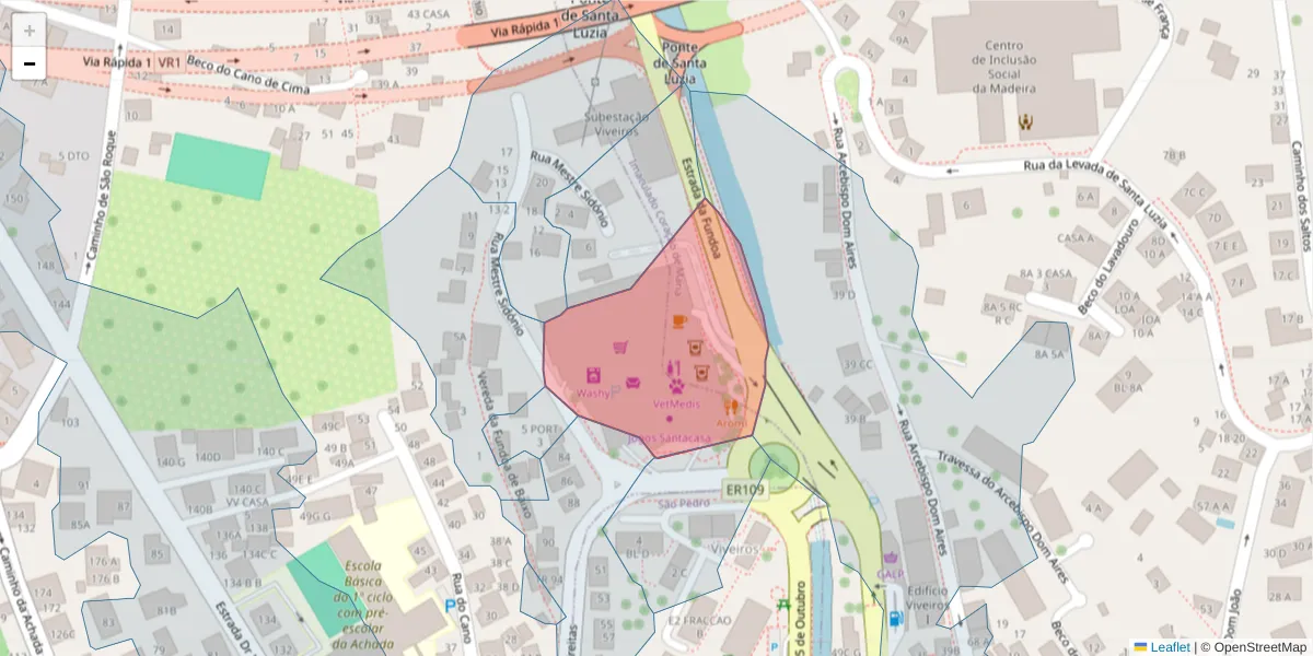 Mapa detalhado do código postal 9000-310 com limites, códigos postais vizinhos e agências dos correios