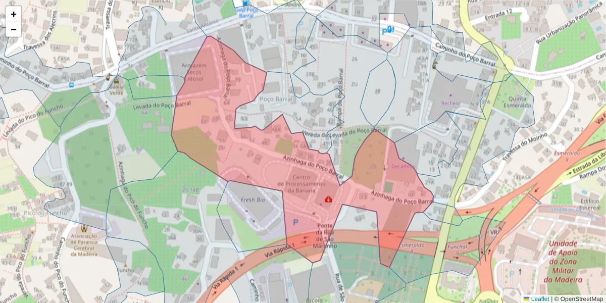 Mapa detalhado do código postal 9000-638 com limites, códigos postais vizinhos e agências dos correios