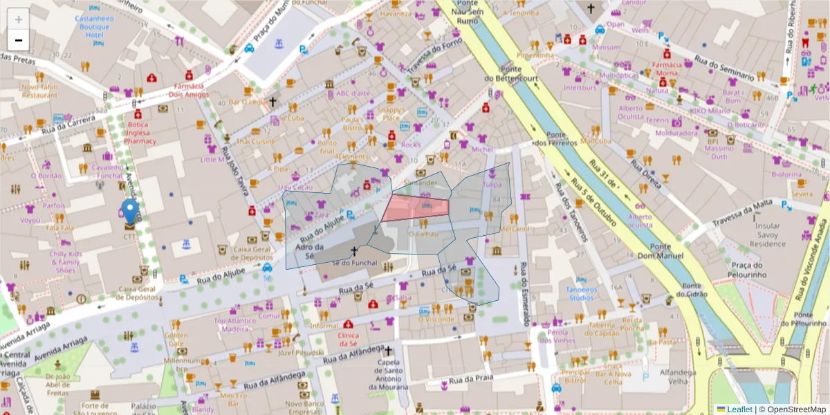 Mapa detalhado do código postal 9000-715 com limites, códigos postais vizinhos e agências dos correios