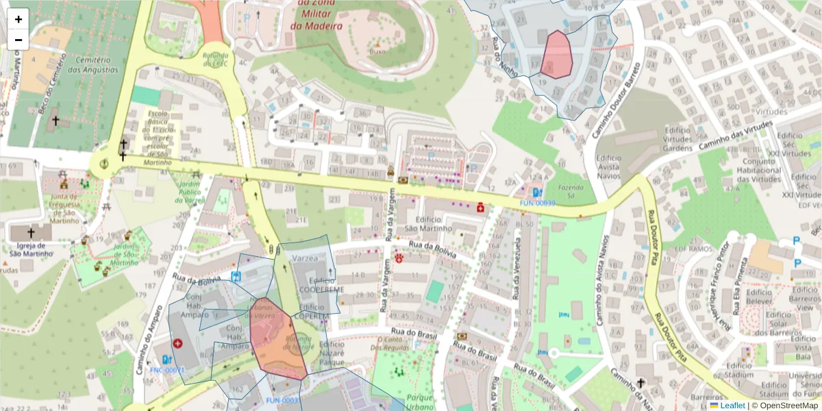 Mapa detalhado do código postal 9000-723 com limites, códigos postais vizinhos e agências dos correios