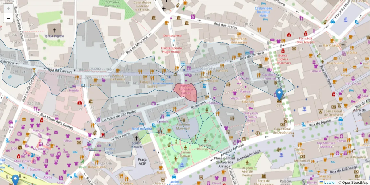 Mapa detalhado do código postal 9000-735 com limites, códigos postais vizinhos e agências dos correios