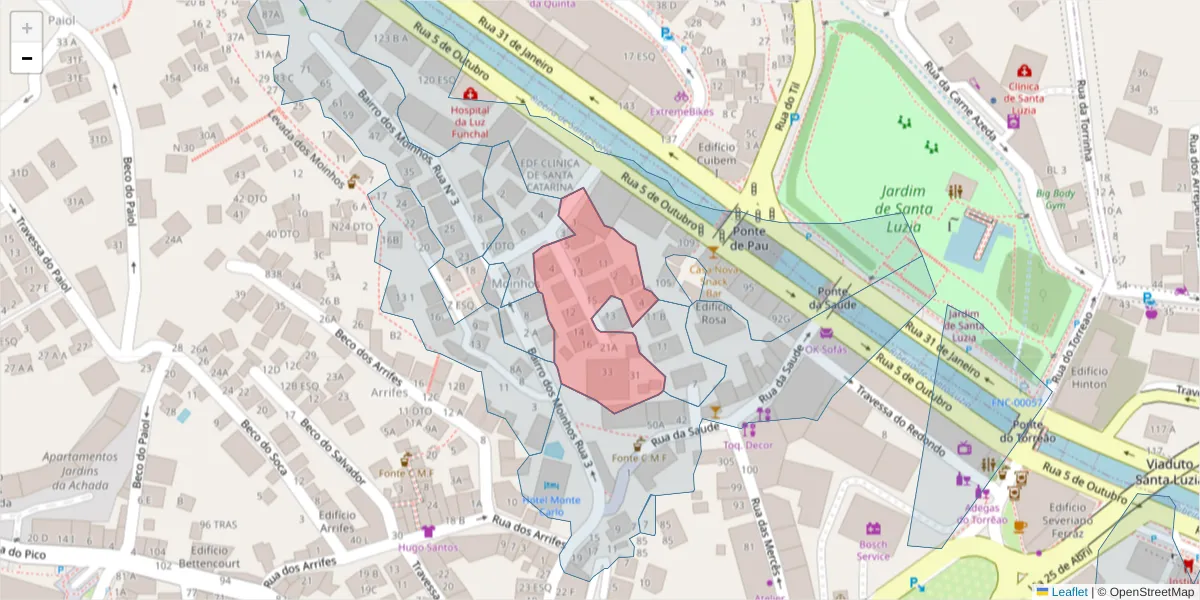 Mapa detalhado do código postal 9000-741 com limites, códigos postais vizinhos e agências dos correios