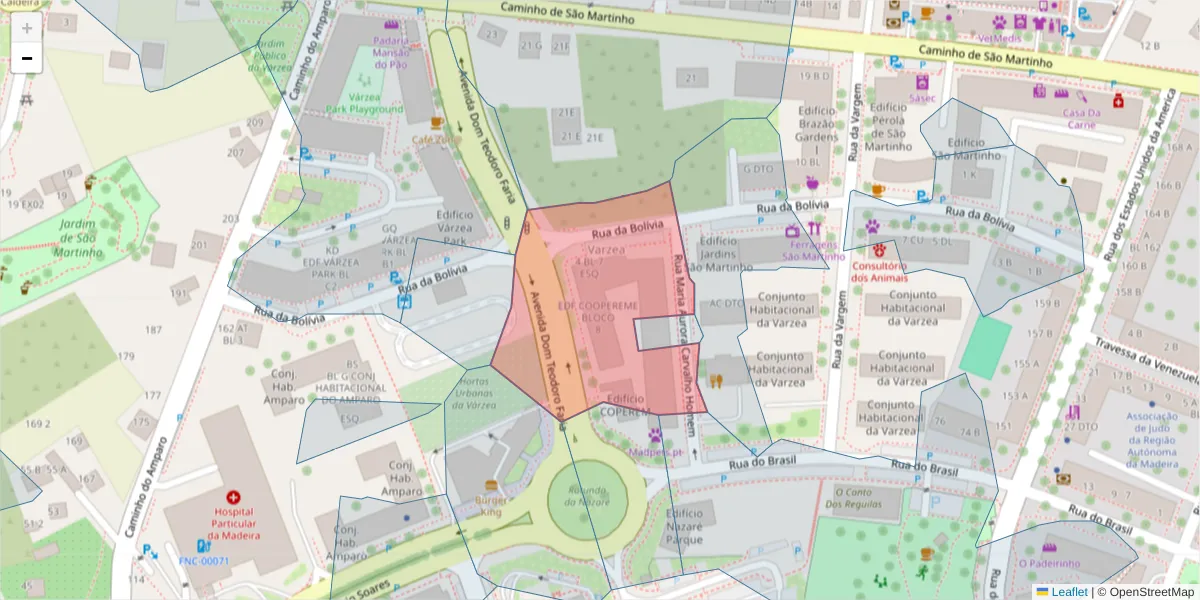 Mapa detalhado do código postal 9000-782 com limites, códigos postais vizinhos e agências dos correios