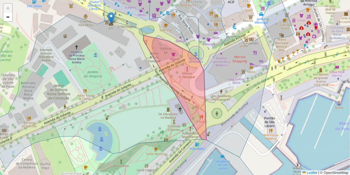 Mapa detalhado do código postal 9000-900 com limites, códigos postais vizinhos e agências dos correios