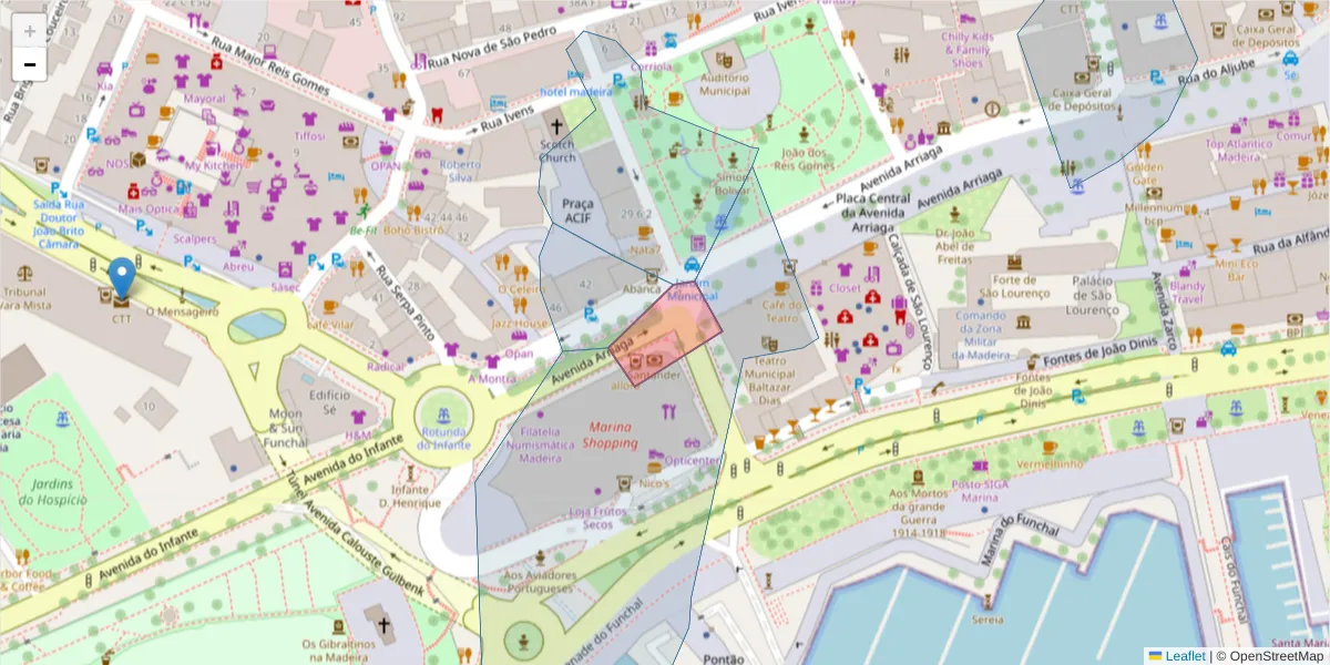 Mapa detalhado do código postal 9004-533 com limites, códigos postais vizinhos e agências dos correios