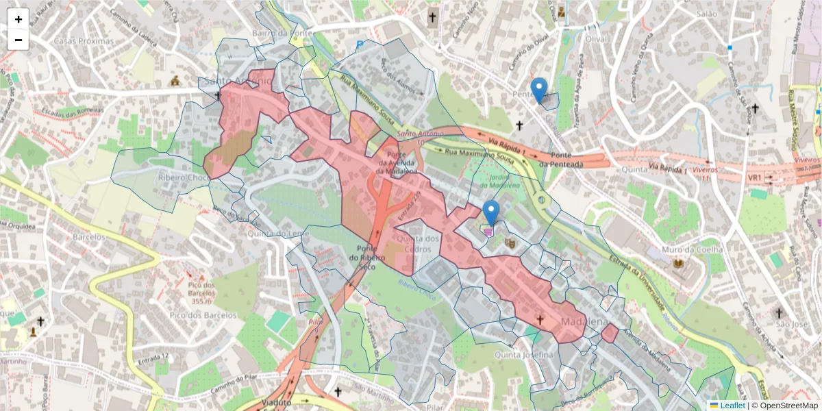 Mapa detalhado do código postal 9020-002 com limites, códigos postais vizinhos e agências dos correios