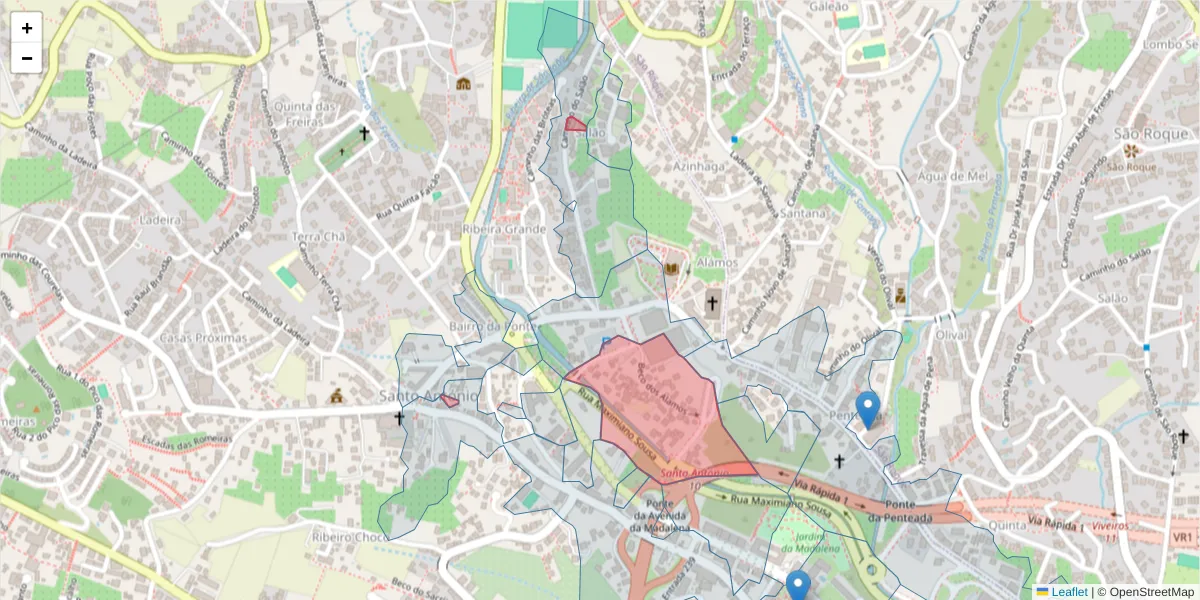 Mapa detalhado do código postal 9020-021 com limites, códigos postais vizinhos e agências dos correios