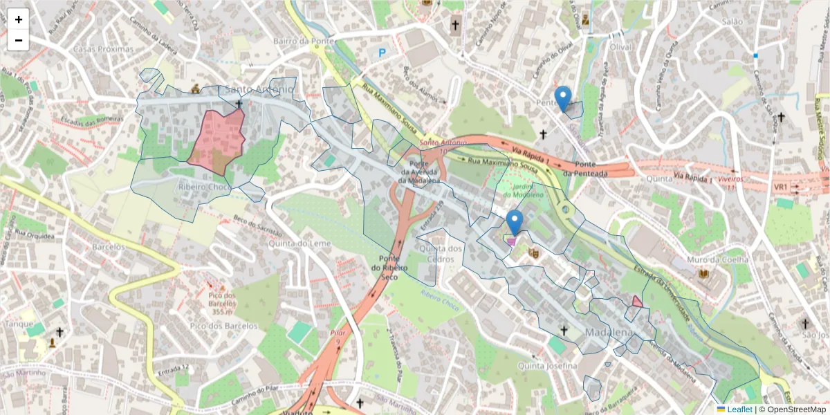Mapa detalhado do código postal 9020-040 com limites, códigos postais vizinhos e agências dos correios