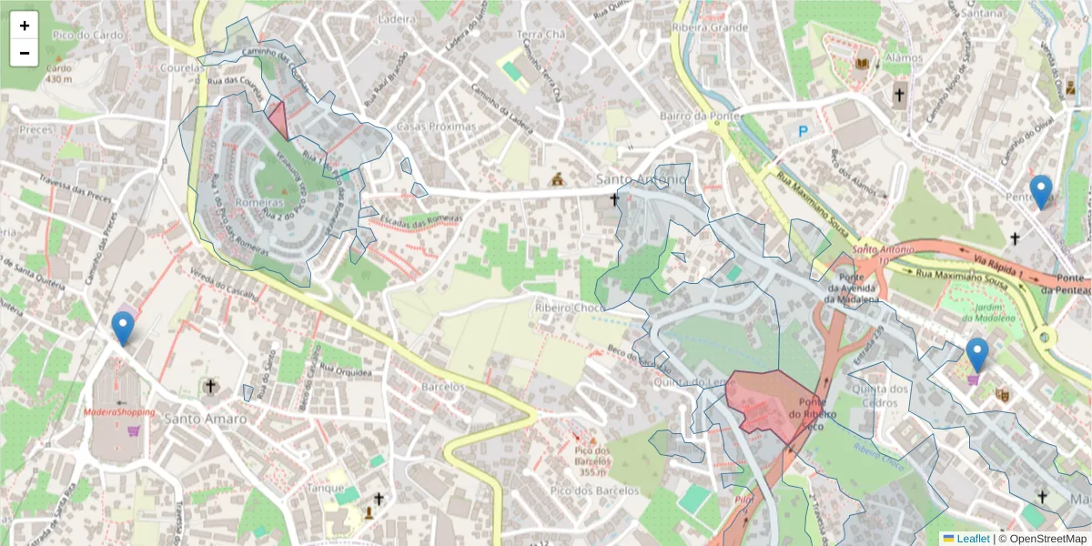 Mapa detalhado do código postal 9020-043 com limites, códigos postais vizinhos e agências dos correios