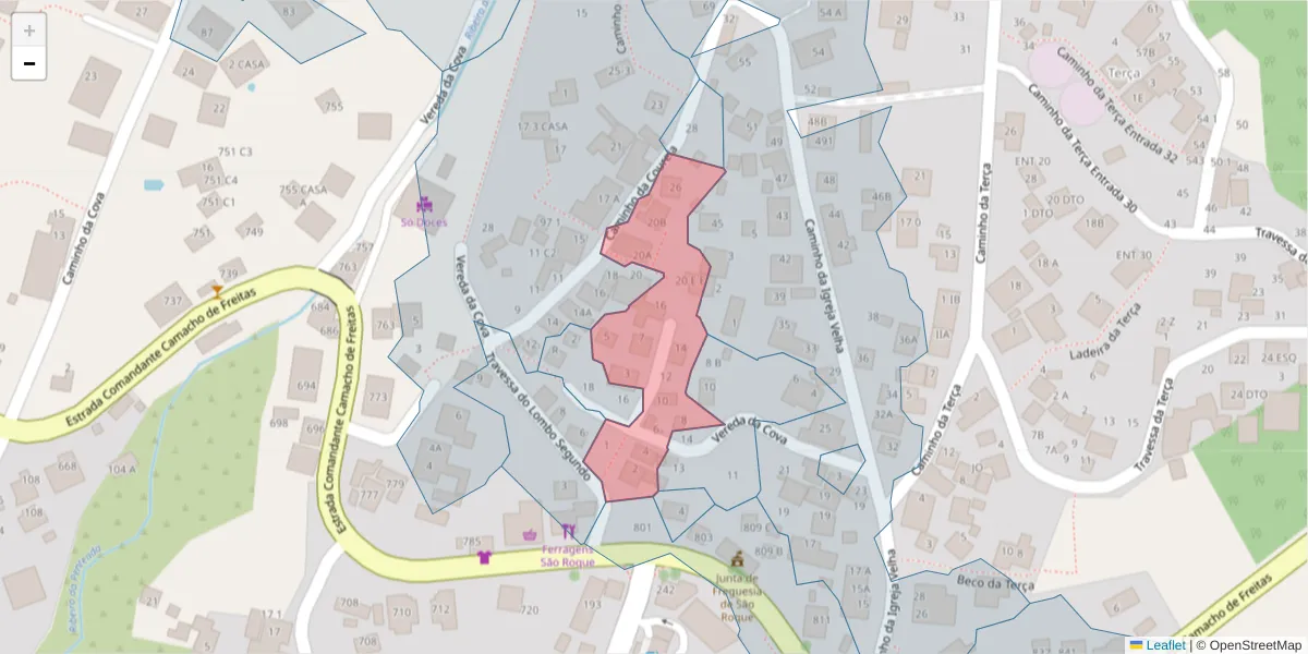 Mapa detalhado do código postal 9020-045 com limites, códigos postais vizinhos e agências dos correios