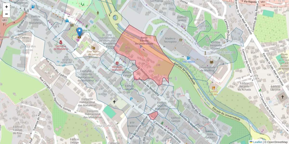 Mapa detalhado do código postal 9020-047 com limites, códigos postais vizinhos e agências dos correios
