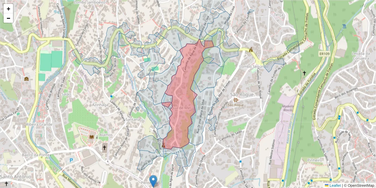 Mapa detalhado do código postal 9020-063 com limites, códigos postais vizinhos e agências dos correios