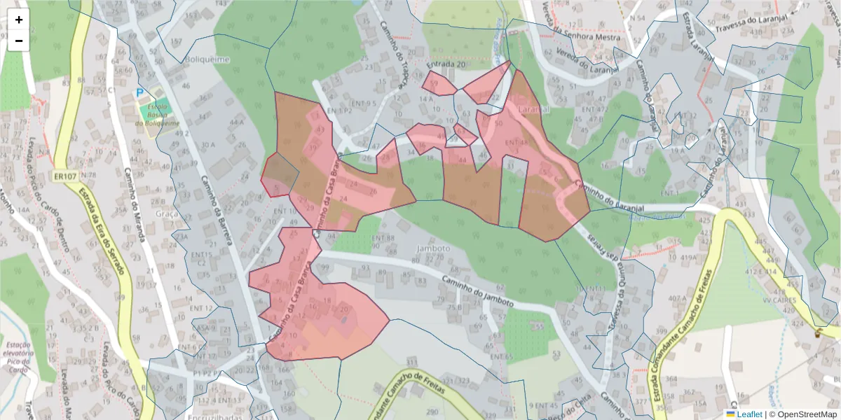 Mapa detalhado do código postal 9020-075 com limites, códigos postais vizinhos e agências dos correios
