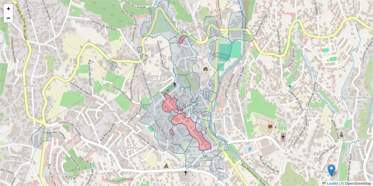 Mapa detalhado do código postal 9020-076 com limites, códigos postais vizinhos e agências dos correios
