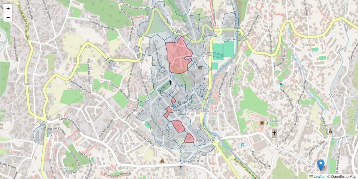 Mapa detalhado do código postal 9020-077 com limites, códigos postais vizinhos e agências dos correios