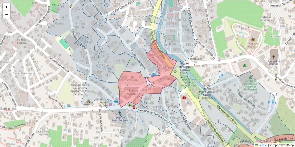 Mapa detalhado do código postal 9020-086 com limites, códigos postais vizinhos e agências dos correios
