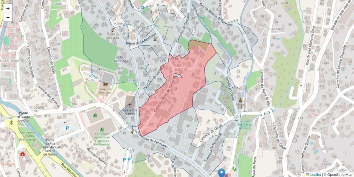 Mapa detalhado do código postal 9020-102 com limites, códigos postais vizinhos e agências dos correios